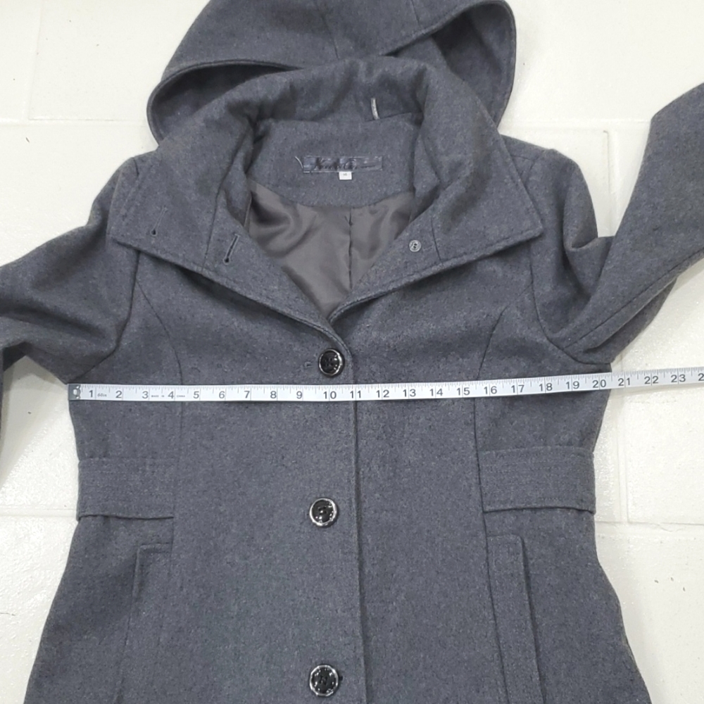 Kenneth Cole New York coat women's size 10 gray wool blend zip off hood pockets - Picture 4 of 13